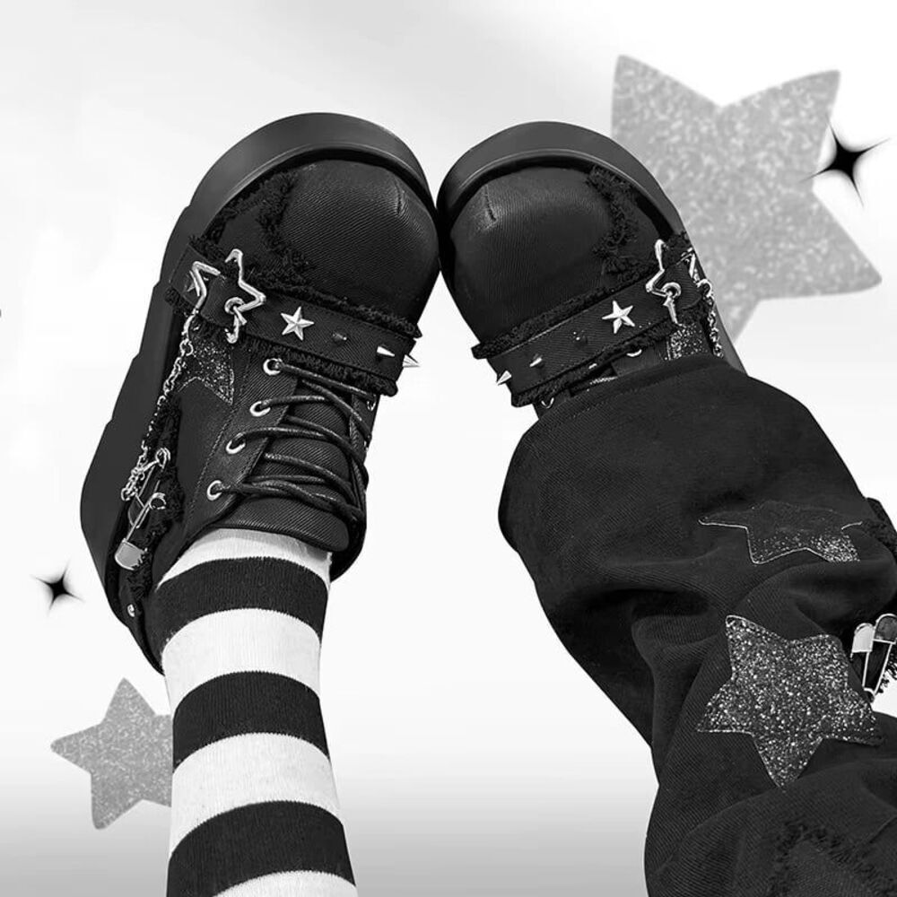 Y2K Star Print Chunky Platform Ankle Women Metal Chain Black Denim Shoes 6.5W 37 - Picture 2 of 9